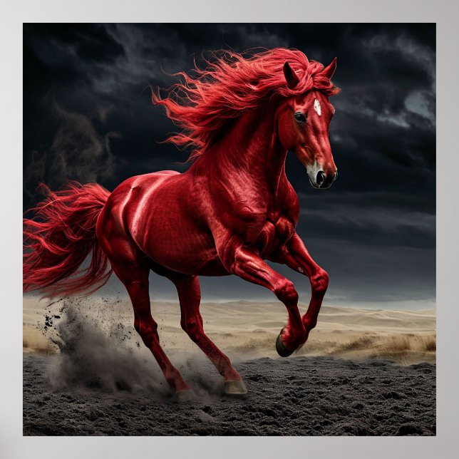 Affiche Cheval Rouge Majestueux en Course (Devant)