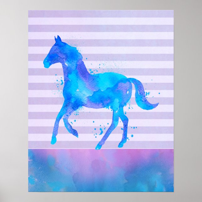 Affiche Cheval sauvage en Aquarelle bleu et violet (Devant)