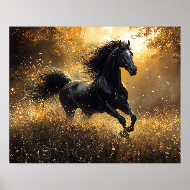 Affiche Cheval Sauvage Étalon Noir Mustang (Devant)