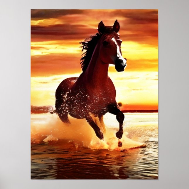 Affiche Cheval Sauvage Galopant à Travers les Vagues (Devant)