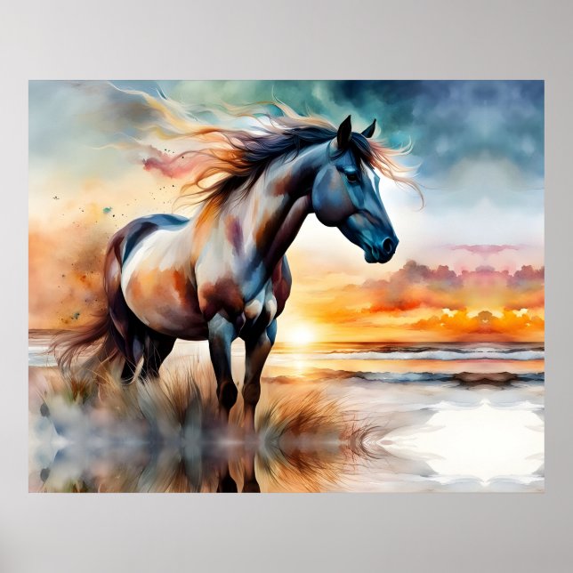 Affiche Cheval sauvage sur la dune de Grassy au coucher du (Devant)