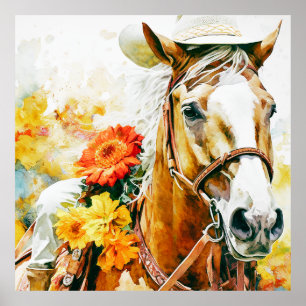 Affiche Cheval vintage portant cowgirl casquette