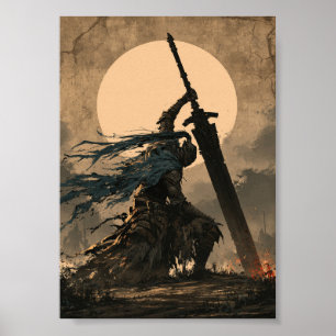 Affiche Chevalier agenouillé de dark fantasy avec grande é
