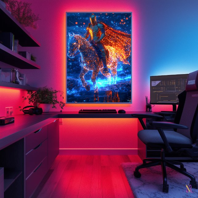 Affiche Chevalier Cyber Néon sur un Cheval Éclairé – Futur (Créateur téléchargé)