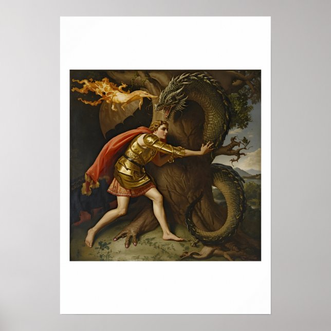 Affiche Chevalier en armure dorée contre le dragon (Devant)