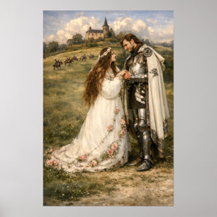 Affiche Chevalier médiéval, château et princesse