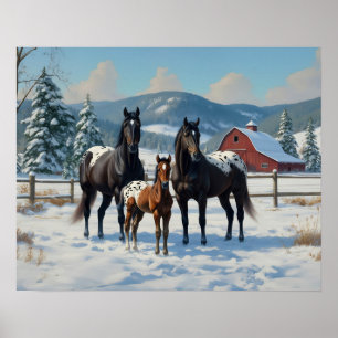Affiche Chevaux Appaloosa noirs sur une ferme en hiver