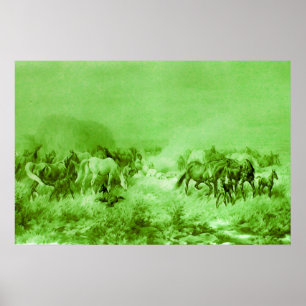 Affiche CHEVAUX AU PÂTURAGE Antique Vert Clair