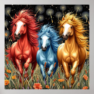 Affiche Chevaux aux couleurs vives galopant à travers un c