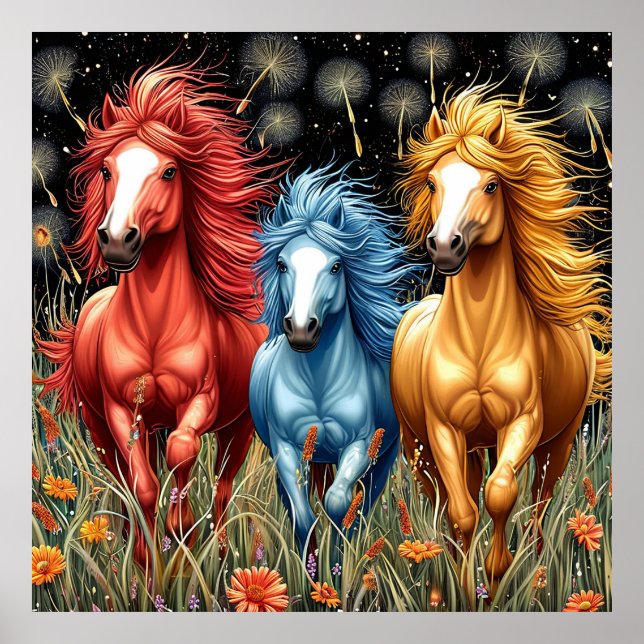 Affiche Chevaux aux couleurs vives galopant à travers un c (Devant)