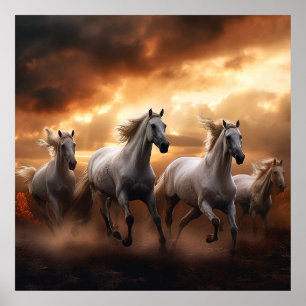 Affiche chevaux blancs au coucher du soleil