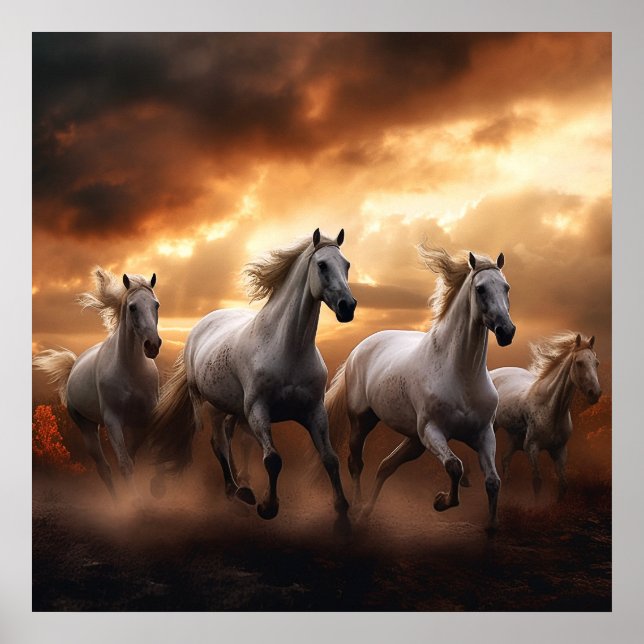 Affiche chevaux blancs au coucher du soleil (Devant)