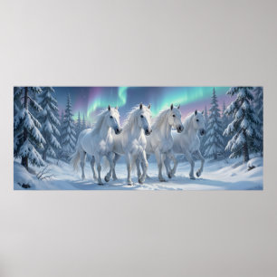 Affiche Chevaux blancs sous l'aurore boréale dans une forê
