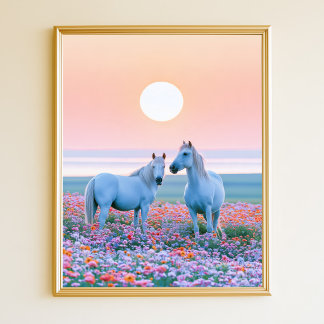 Affiche Chevaux Coucher de soleil pastel