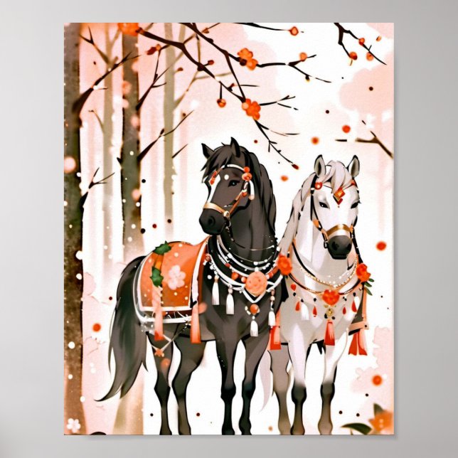 Affiche Chevaux dans une forêt rouge (Devant)