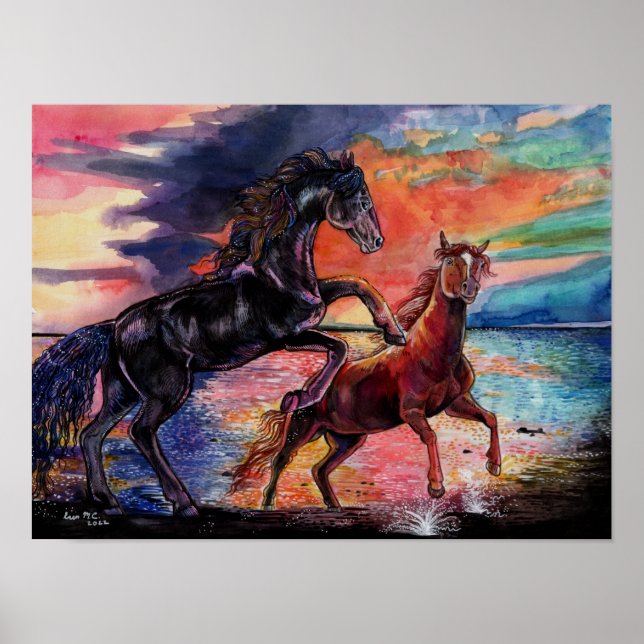 Affiche Chevaux d'aquarelle sans fin Sky (Devant)
