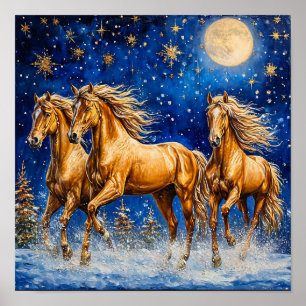 Affiche Chevaux de dessin animé sous un ciel étoilé magiqu