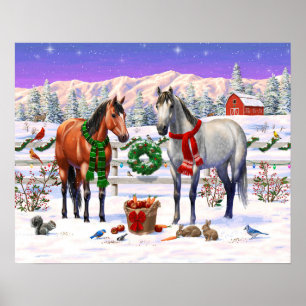 Affiche Chevaux de Noël en neige