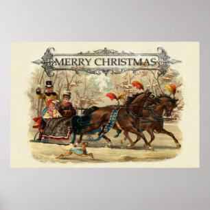Affiche Chevaux de Noël vintage, plaisir des fêtes hiverna
