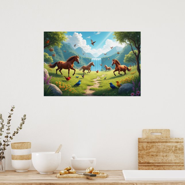 Affiche Chevaux et oiseaux joueurs dans une prairie luxuri (Cuisine)