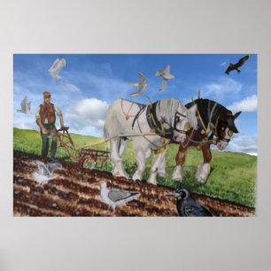 Affiche Chevaux Lourds Labourant en Mars