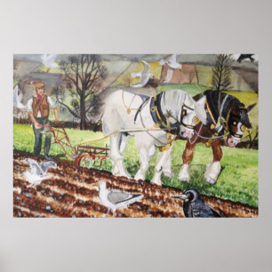 Affiche Chevaux Lourds Labourant en Mars