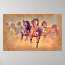 Chevaux Mustang Sauvages Stampede Aquarelle