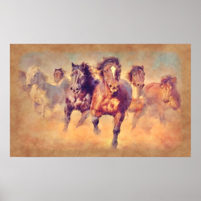 Affiche Chevaux Mustang Sauvages Stampede Aquarelle (Devant)