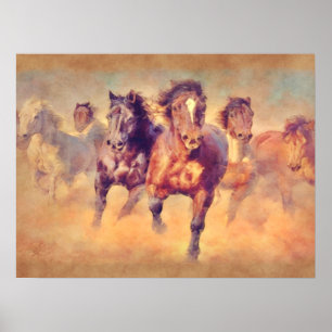 Affiche Chevaux Mustang Sauvages Stampede Aquarelle