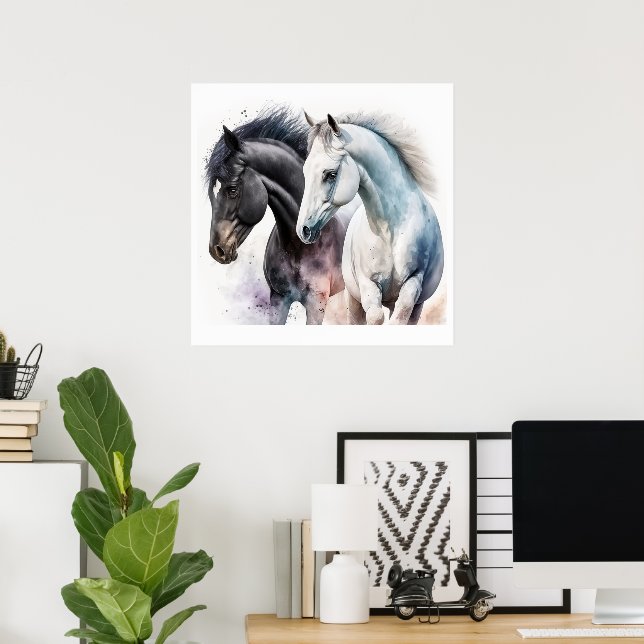 Affiche Chevaux noir et blanc en aquarelle (Bureau à domicile)