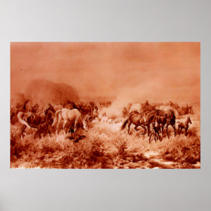 Affiche CHEVAUX PÂTURANT Antique Rouge Brun Rose