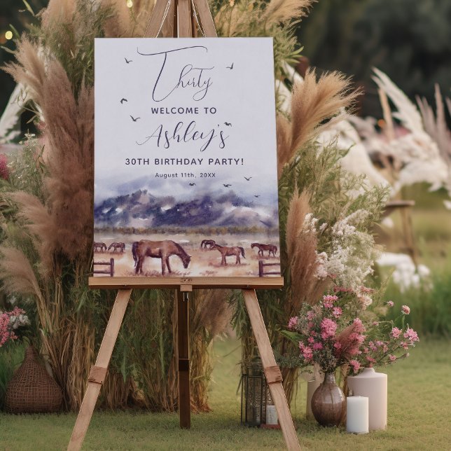 Affiche Chevaux Paysage Jalon Anniversaire Fête Bienvenue (Horses Landscape Milestone Birthday Party Welcome poster)