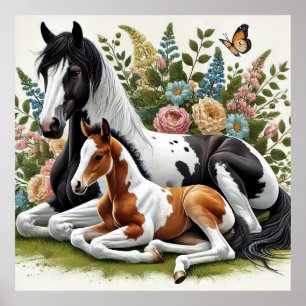 Affiche Chevaux reposant parmi les fleurs et la verdure vi