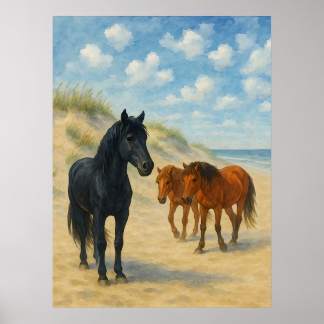 Affiche Chevaux sauvages de Corolla Caroline du Nord Aquar (Devant)
