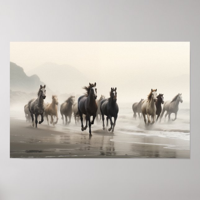 Affiche Chevaux sauvages sur une plage brumeuse (Devant)
