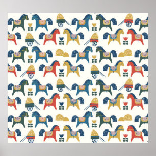 Affiche Chevaux scandinaves : Art populaire coloré