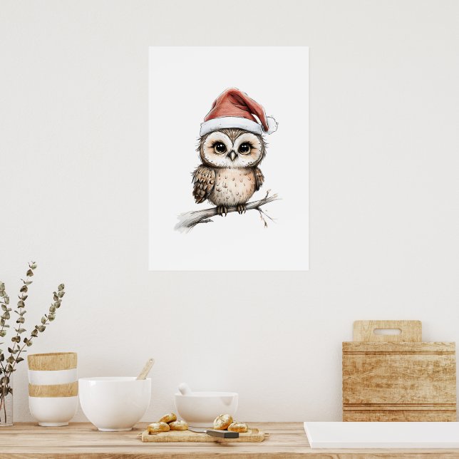 Affiche Chevêche adorable à Santa Hat - Illustration de va (Cuisine)