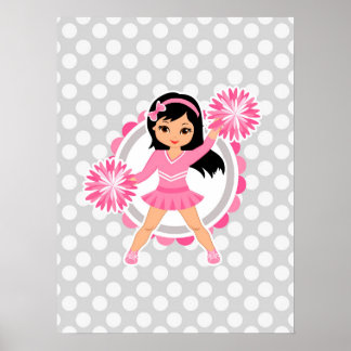 Affiche Cheveux noirs Pom-pom girl roses - Cute Cheveux