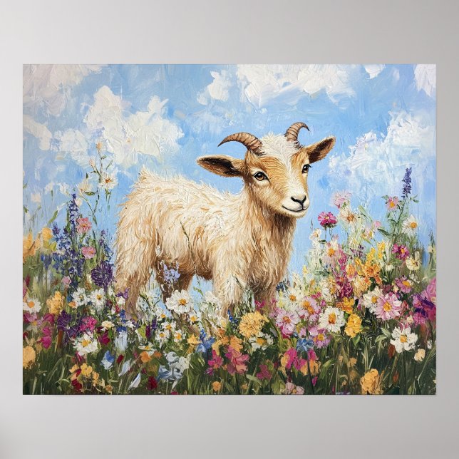 Affiche Chèvre Cute Entourée De Fleurs sauvages (Devant)