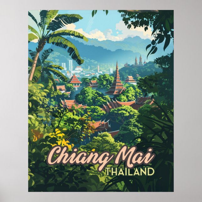Affiche Chiang Mai Thaïlande Asie Temples Monts Vintages (Devant)