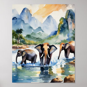 Affiche Chiang Mai Thaïlande Elephants Aquarelle