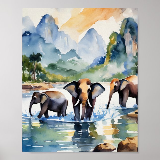 Affiche Chiang Mai Thaïlande Elephants Aquarelle (Devant)