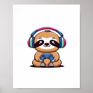 Affiche Chibi Kawaii Sloth Gamer - animal drôle mignonne a