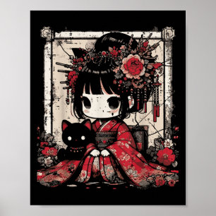Affiche Chibi Kimono Girl Fleurs de chats noirs Art W japo