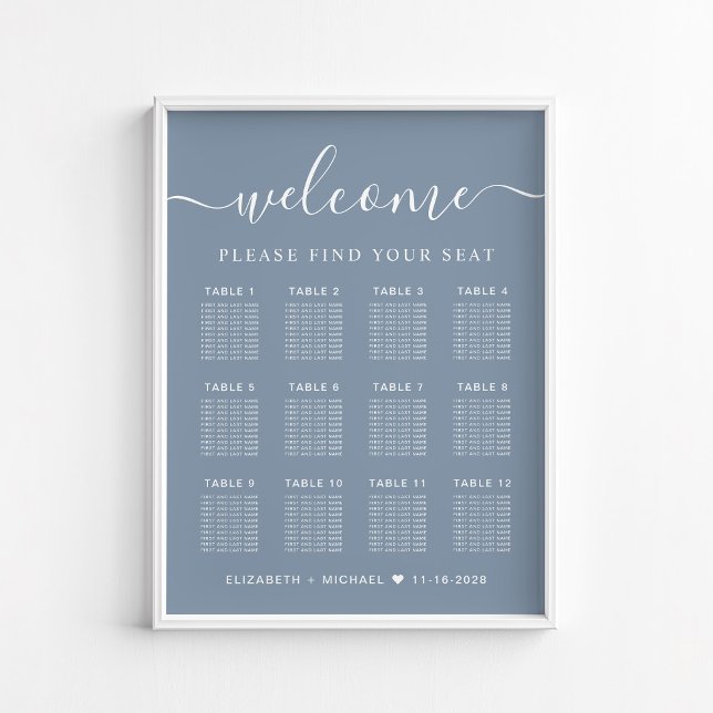 Affiche Chic 12 Table Dusty Blue Mariage Seating Chart (Créateur téléchargé)