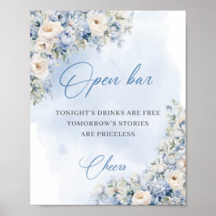 Affiche Chic aquarelle bleu et blanc roses open bar