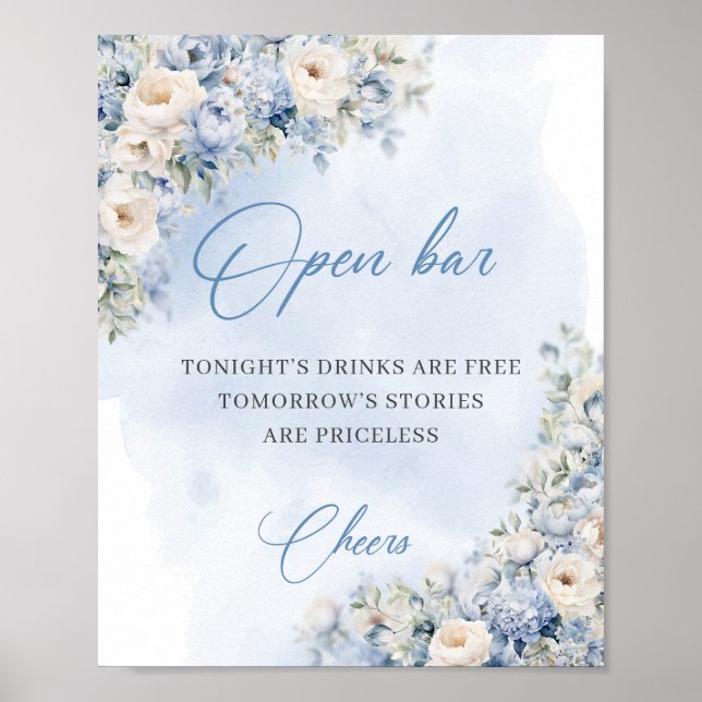 Affiche Chic aquarelle bleu et blanc roses open bar (Devant)