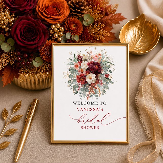 Affiche Chic automne terre cuite boho douche de mariée des (Chic fall terracotta boho bridal shower tabletop sign

)