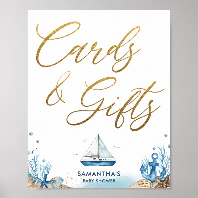 Affiche Chic Baby shower nautique Blue Gold Cartes & Cadea (Devant)