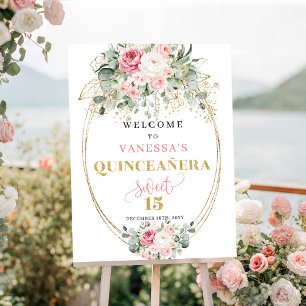 Affiche Chic baiser floral or pastel bienvenue à la quince